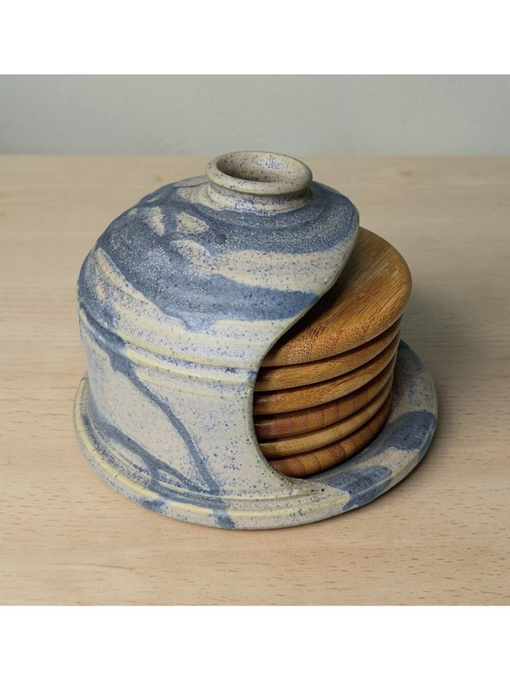 Handmade Studio Art Pottery Coaster Holder Caddy with Wood Set